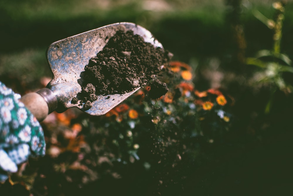 6-fertilizantes-DIY-super-fáceis-de-fazer-pexels-lisa-fotios Pá pequena colocando terra em um canteiro de jardim.