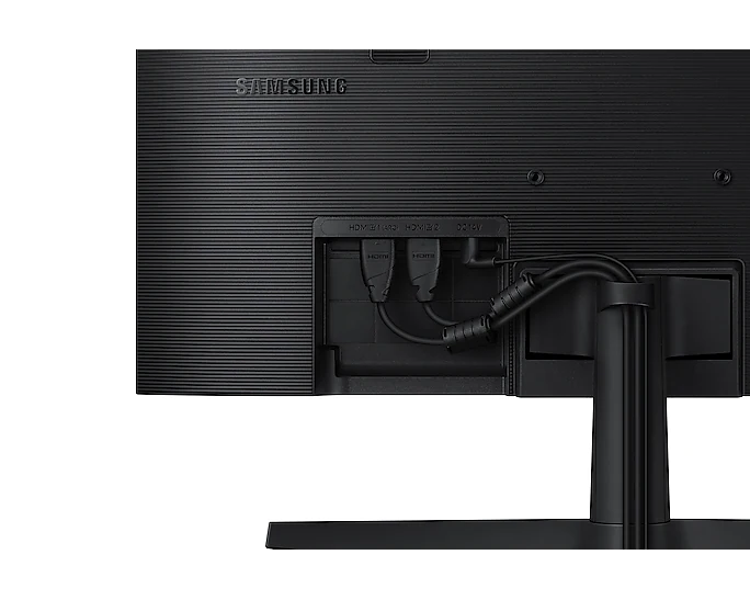 Review-monitor-Samsung-permite-usar-Netflix-ao-Word-sem-ligar-computador-divulgação (32) Parte de trás do monitor Samsung M5 24. Dois cabos HDMI e um cabo de força estão conectados a ele.