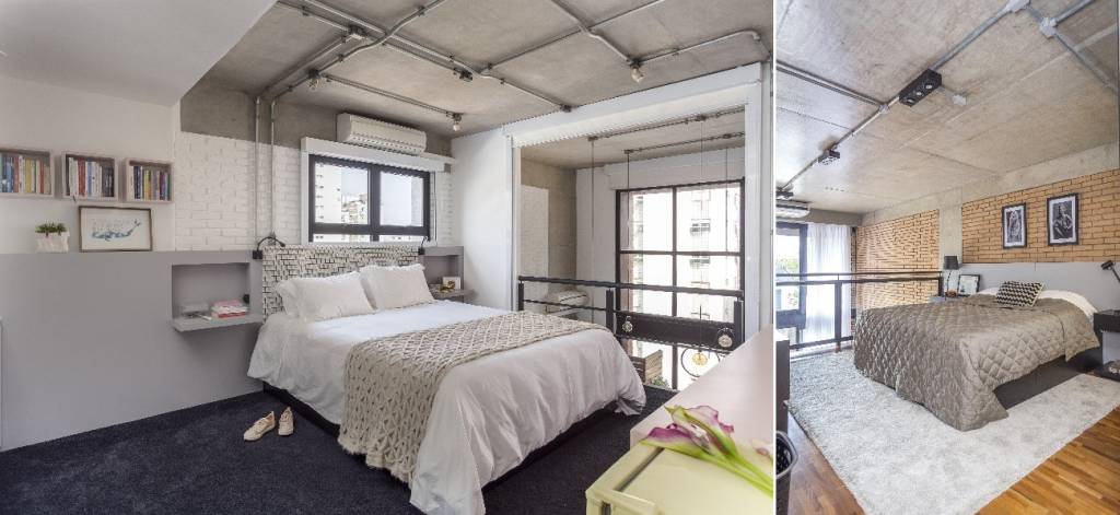 conheça-vantagens-tubulação-aparente-JP-Image-quarto-casal-tubulação-aparente-estilo-industrial Foto mostra dois quartos de casal com tubulação elétrica aparente, no mesmo estilo da decoração em estilo industrial.