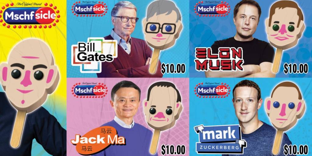 Coma um bilionário esses sorvetes têm rostos de celebridades Designboom (2) Imagem de anúncio de picolés com ilustrações e alusão a bilionários como Bill Gates e Elon Musk.