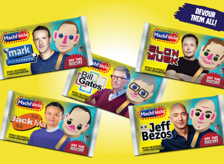 Coma um bilionário esses sorvetes têm rostos de celebridades Designboom Imagem de anúncio de picolés com ilustrações e alusão a bilionários como Bill Gates e Elon Musk.