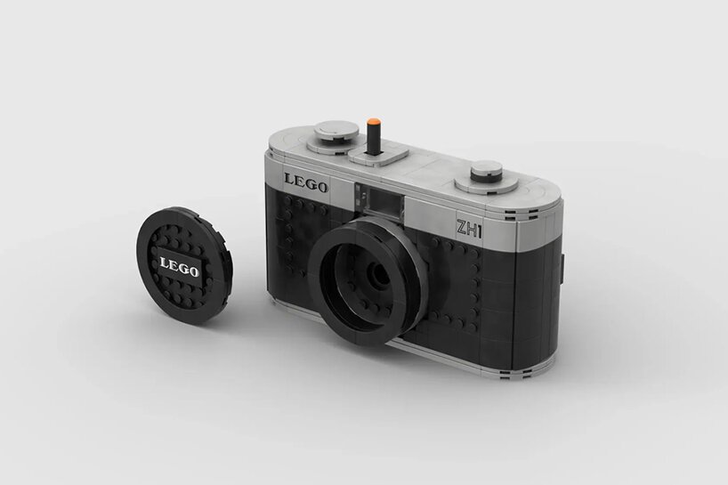 Esta é uma câmera de LEGO que funciona de verdade Designboom (1) Câmera analógica preta com detalhes em cinza totalmente feita com peças de lego.