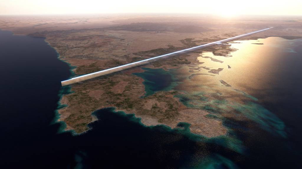 Um prédio de 170km para 9 milhões de pessoas Dezeen (10) Prédios em forma de muralhas correm paralelos em região desértica a costa de um mar azul.