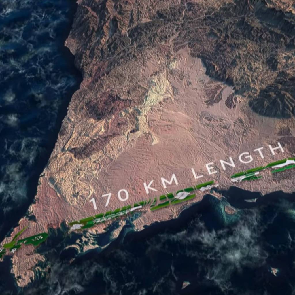 Um prédio de 170km para 9 milhões de pessoas Dezeen (11) Prédios em forma de muralhas correm paralelos por 170 km em região desértica até a costa de um mar azul.