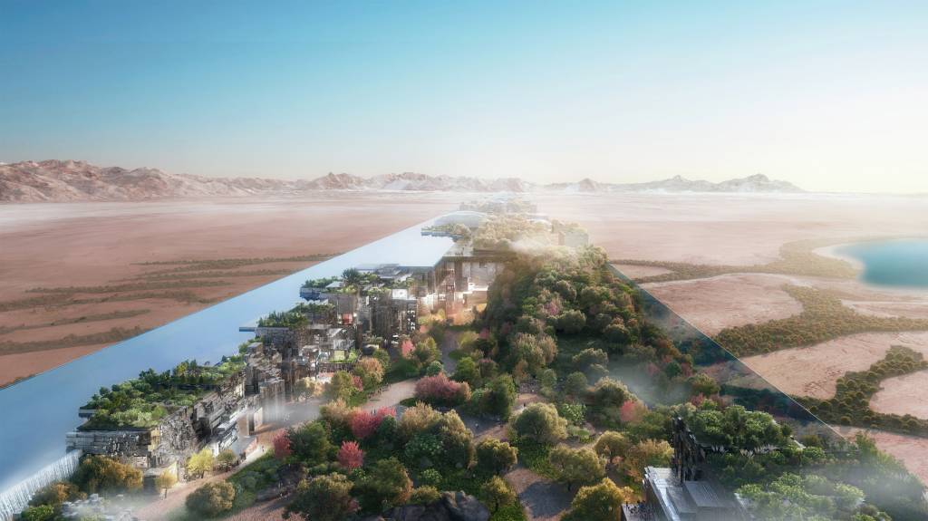 Um prédio de 170km para 9 milhões de pessoas Dezeen (4) Visão aérea de parte interior entre prédios em forma de muralhas. Vê-se áreas arborizadas.