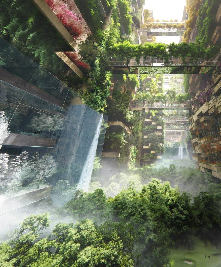 Um prédio de 170km para 9 milhões de pessoas Dezeen (6) Área entre prédios em formas de muralhas. Andares e parques vistosamente arborizados.