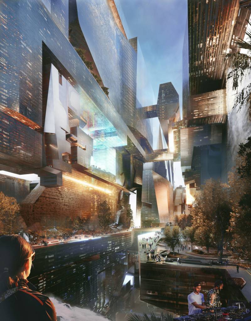 Um prédio de 170km para 9 milhões de pessoas Dezeen (8) Cidade futurista de concreto e vidro à noite.