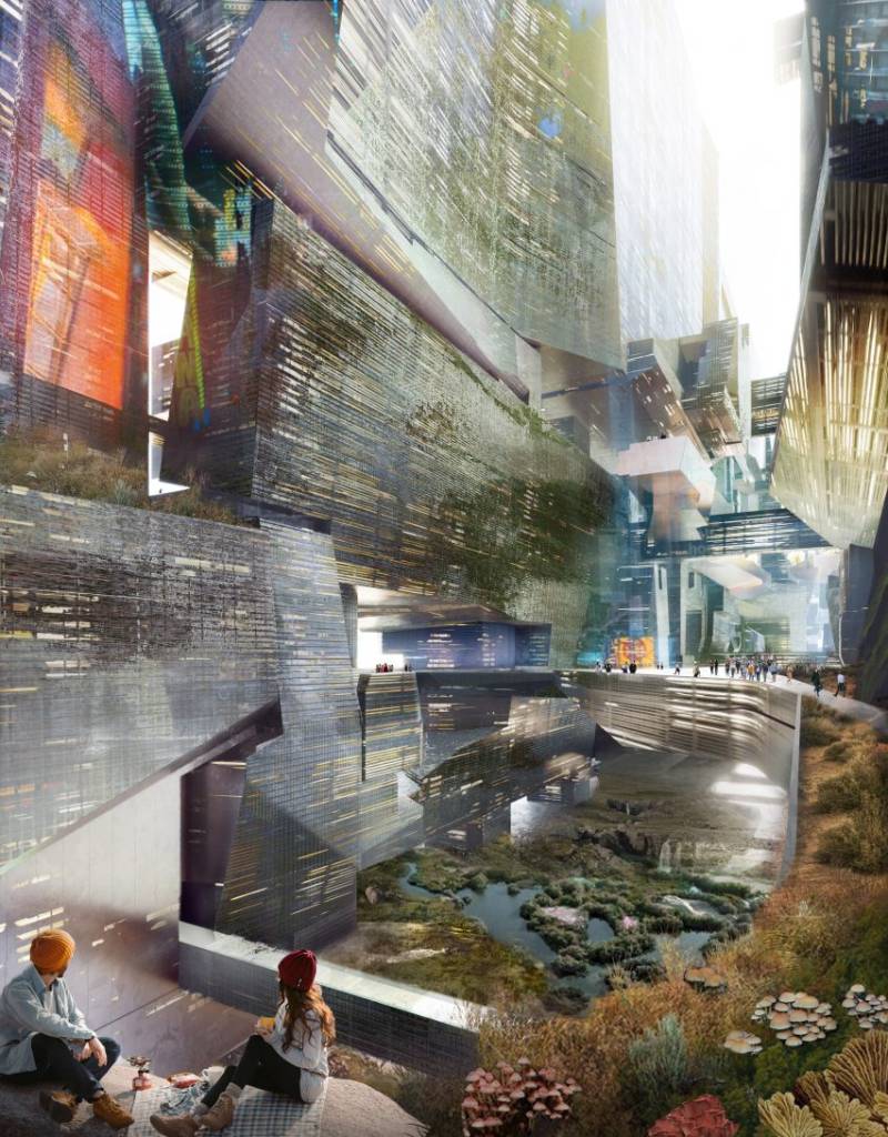 Um prédio de 170km para 9 milhões de pessoas Dezeen (9) Cidade futurista de concreto e vidro à noite.