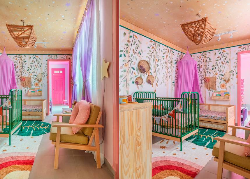Bosque Místico, por Natália Castello (Studio Farfalla). A suíte bebê criada pela designer de interiores Natália Castello, idealizadora do Studio Farfalla, foi decorado como uma verdadeira floresta, com galhos, folhas e um céu estrelado. O Berço de Ferro na cor verde escuro, lançamento da Muskinha, ganhou destaque especial no projeto. “O banheiro ficou um charme, as paredes estampadas deixaram o espaço cheio de vida. Durante a decoração, segui a mesma linguagem do quarto. Os tons terrosos e plantas também estão presentes para dar um ar convidativo ao espaço”, completa Natália Castello. Bosque Místico, por Natália Castello (Studio Farfalla). A suíte bebê criada pela designer de interiores Natália Castello, idealizadora do Studio Farfalla, foi decorado como uma verdadeira floresta, com galhos, folhas e um céu estrelado. O Berço de Ferro na cor verde escuro, lançamento da Muskinha, ganhou destaque especial no projeto. “O banheiro ficou um charme, as paredes estampadas deixaram o espaço cheio de vida. Durante a decoração, segui a mesma linguagem do quarto. Os tons terrosos e plantas também estão presentes para dar um ar convidativo ao espaço”, completa Natália Castello.