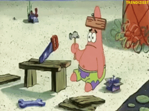 ferramentas-essenciais-para-quem-mora-sozinho-giphy-02 Gif de Patrick de Bob Esponja tentando pregar um prego