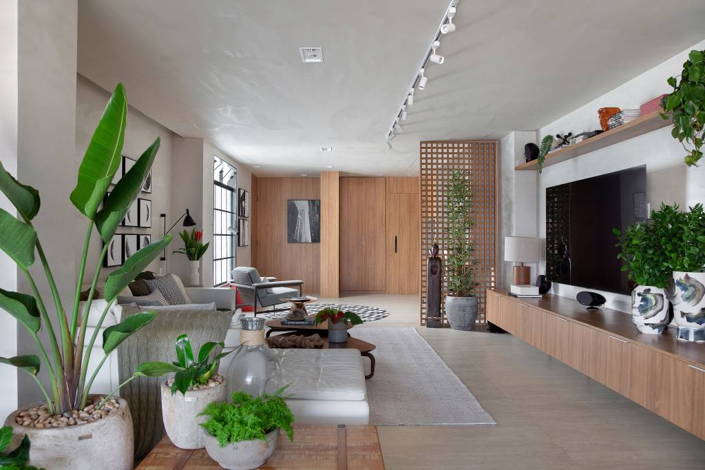 reforma-ape-integra-cozinha-copa-home-office-compartilhado-up3-arquitetura-fotos-raiana-medina-09-plantas-vaso Sala de estar; sofá branco; gallery wall; quadros; quadros de lua