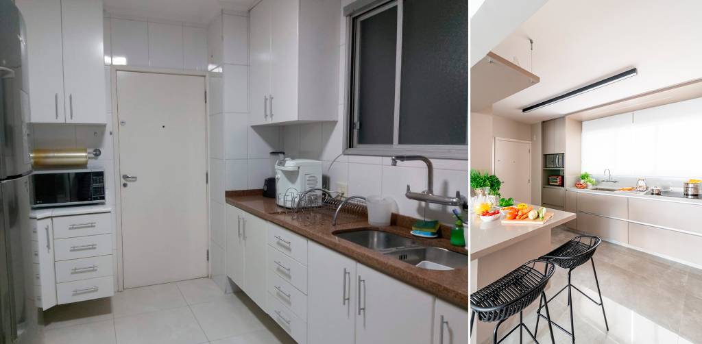 antes-e-depois-area-social-de-ape-dos-anos-1940-se-moderniza-com-integracao-julia-herman-cozinha-ad Antes e depois isabella nalon cozinha americana balcao cadeira