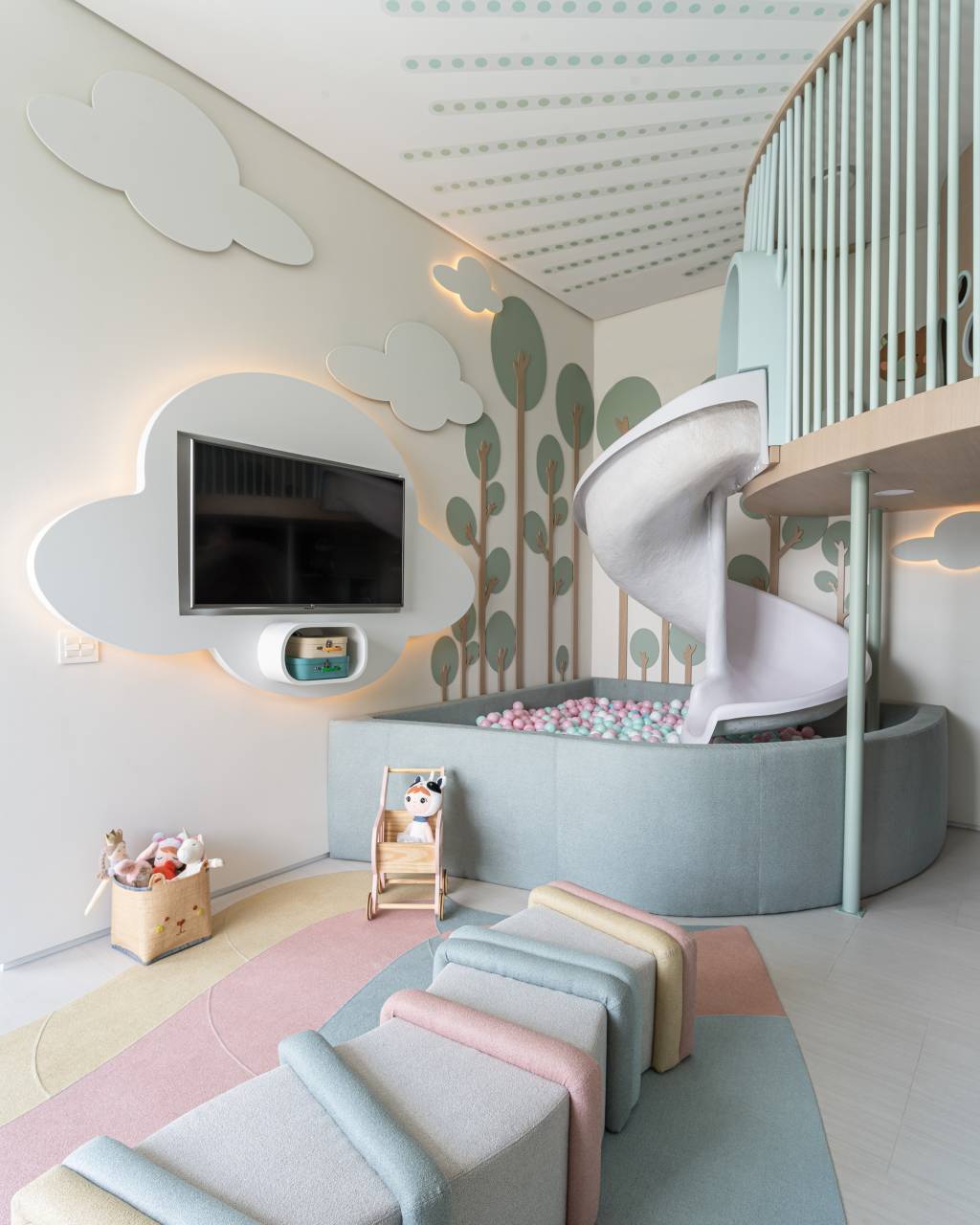 brinquedoteca-para-gemeos-cor-macarons-lovisaro-credito-victor-affaro (1) Brinquedoteca gêmeos cor macarons Lovisaro Arquitetura decoracao marcenaria candy colors piscina de bolinhas tapete pufe escada