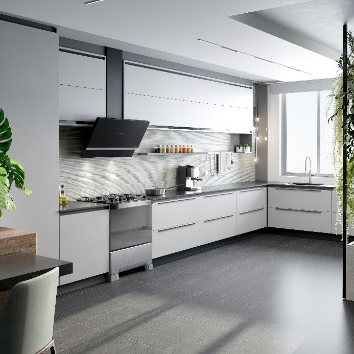 fogao-de-piso-vantagens-e-dicas-04-mueller Cozinha com piso cinza, marcenaria branca e fogão de piso cinza.