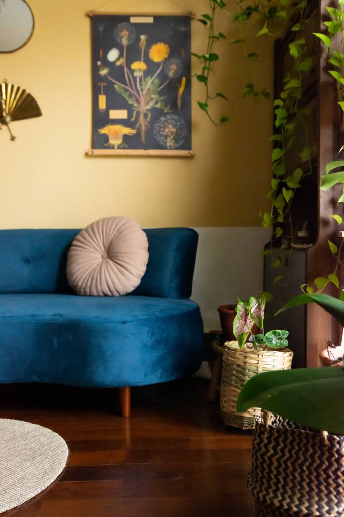 ape-80m-decoracao-memorias-paleta-de-cores-terrosa-sertao-arquitetos-12-sala-sofa Sala de estar com meia parede amarela, sofá curvo azul e plantas suspensas.