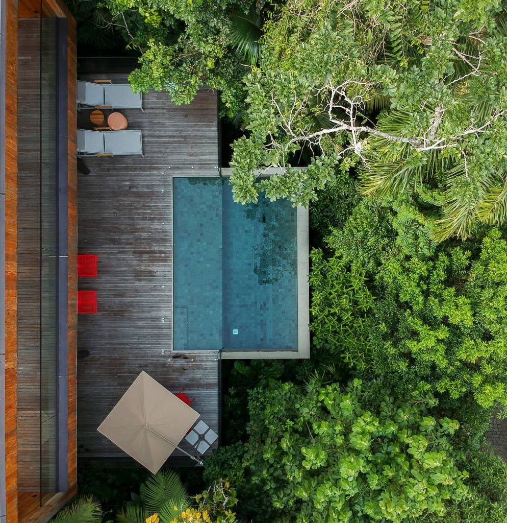 casa-153-m2-camufla-natureza-litoral-paulista-daniel-fromer-credito-maira-acayaba (26) Casa de 153 m² se camufla em meio à natureza do litoral paulista. Projeto de Daniel Fromer, interiores de Julyana Bortolotto. Na foto, vista áerea da piscina no meio da mata.