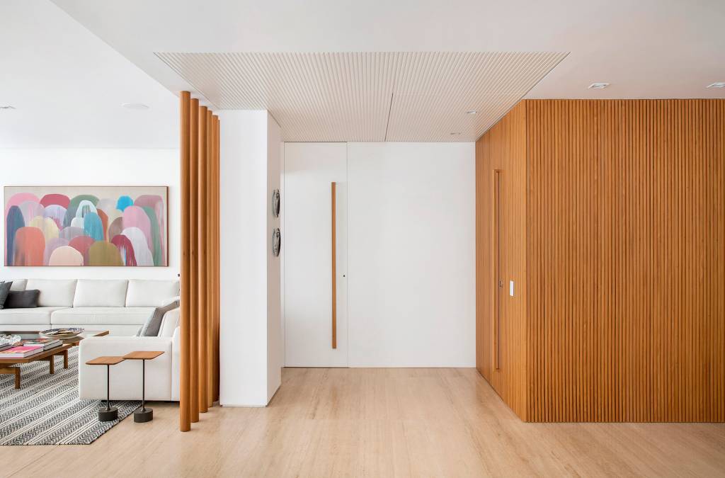 paleta-cores-claras-ripados-madeira-ape-275m-studio021arquitetura-01 Hall de entrada com porta mimetizada em