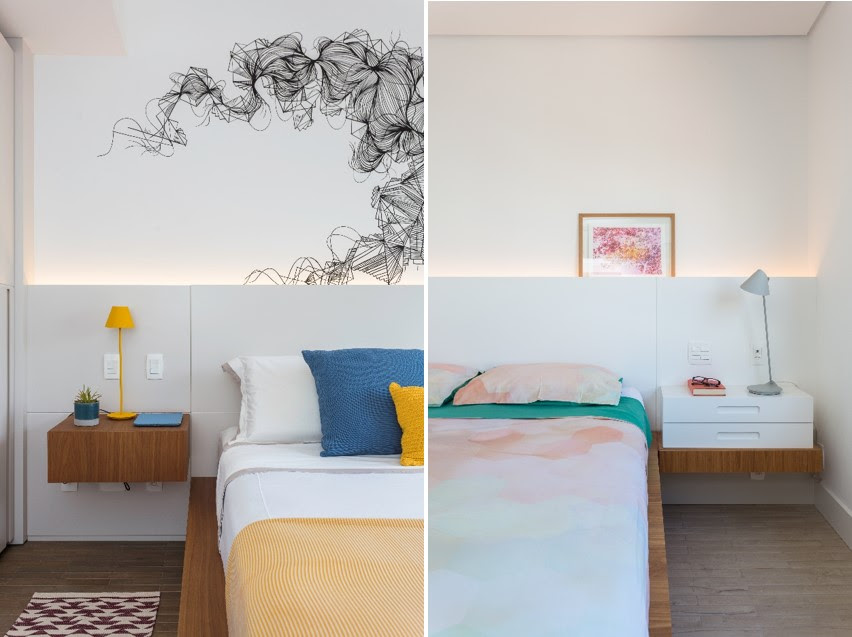atmosfera-personalizada-apes-com-a-mesma-planta-studio-tan-gram-09 À esquerda, quarto com arte na parede de cabeceira; à direita, quarto minimalista com cabeceira branca.