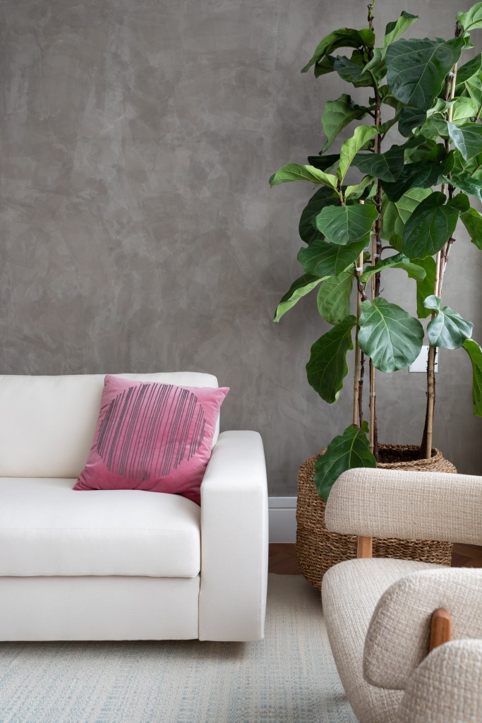 Projeto de Vivi Cirello. Na foto, sofá branco com almofada rosa, parede cinza com padrão cimento queimado e planta ficus.