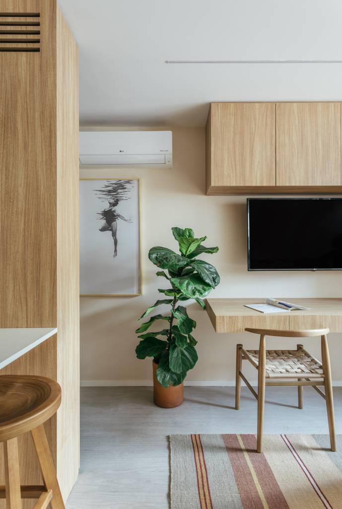 microapartamento-25m-cabeceira-drywall-azulejos-rodolfo-consoli-02-sala-madeira-planta Projeto de Rodolfo Consoli. Na foto, sala com bancada de madeira, armário de madeira e planta ficus.