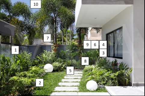 1- Alpinia purpurata rosa e vermelha / 2- Guaimbê / 3 - Helicônia psittacorum / 4 - Helicônia Golden torch / 5 - Filodendro glorioso / 6 - Orquídea bambú. Nos estipes das Palmeiras: 7 - Bromélias fireball / 8 - Chifre de veado/ 9 - mini orquídeas Phalaenopsis / 10 - Palmeira Rabo-de-raposa. 1- Alpinia purpurata rosa e vermelha / 2- Guaimbê / 3 - Helicônia psittacorum / 4 - Helicônia Golden torch / 5 - Filodendro glorioso / 6 - Orquídea bambú. Nos estipes das Palmeiras: 7 - Bromélias fireball / 8 - Chifre de veado/ 9 - mini orquídeas Phalaenopsis / 10 - Palmeira Rabo-de-raposa.