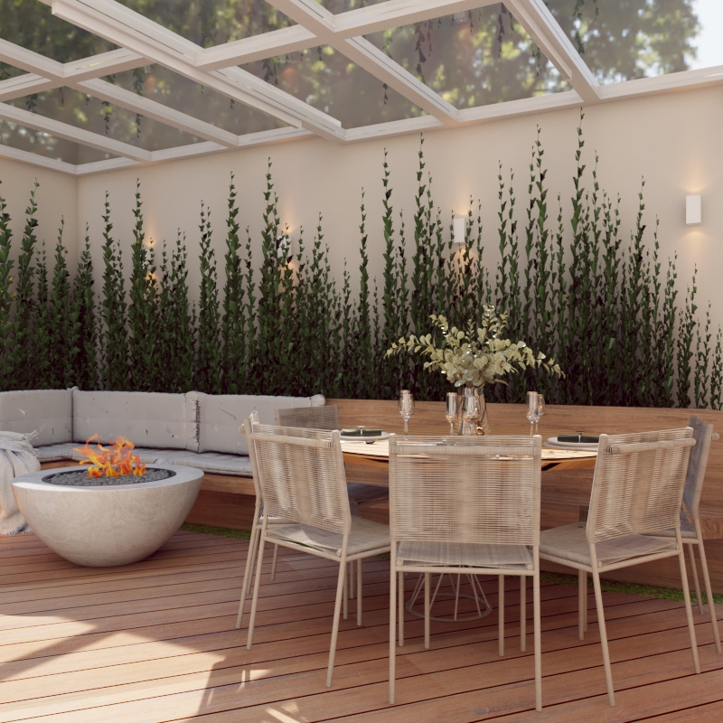 apostas-decoracao-interiores-2024-aline-zanoni-01 4 apostas para a decoração de interiores em 2024. Projeto de Aline Zanoni. Na foto, varanda com plantas, cobertura transparente, mesa com cadeiras.