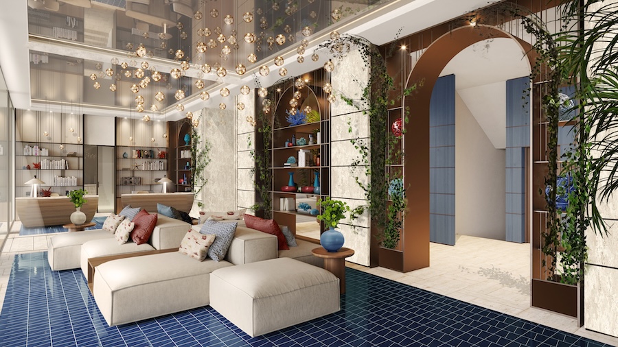 3D rendering Hotel na Itália tem inspiração mediterrânea, paleta azul e vista para o mar. Na foto, sala, sofá modular, tapete azul.