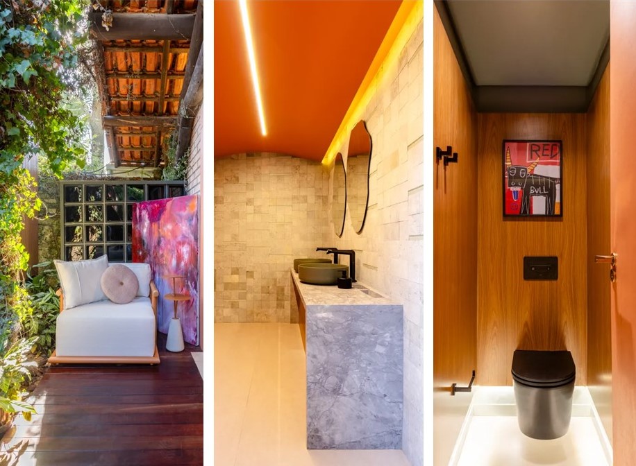 Banheiro traz paleta inusitada em tom laranja e muitas obras de arte. Projeto de Fernanda Gonçalves para a CASACOR Paraná 2024.