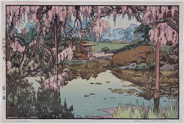 fuji-no-hana-planta-asiatica-inspira-longevidade-bem-estar-wikimedia-commons-hiroshi-yoshida Fuji No Hana: a planta asiática que inspira longevidade e bem-estar. Na foto, glicinia, Wisteria floribunda, gravura histórica.