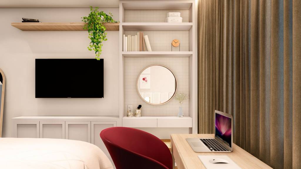 burgundy-tom-vermelho-tendencia-nina-tavares-01 Burgundy: o tom vermelho que é a aposta de tendência para o ano! Na foto, quarto com home office, cadeira vermelha.