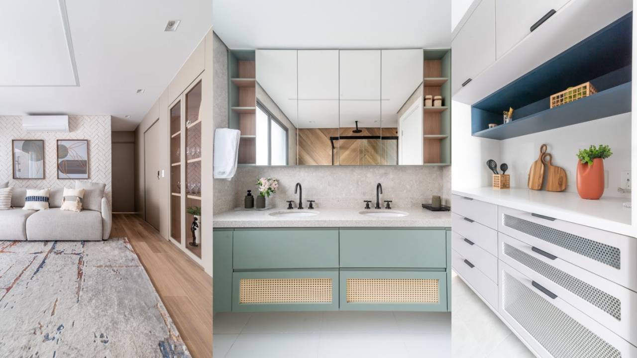 5 soluções de marcenaria deixam o cotidiano desses projetos mais práticos. Projeto de Mari Milani. Na foto, cozinha, banheiro, sala de estar.