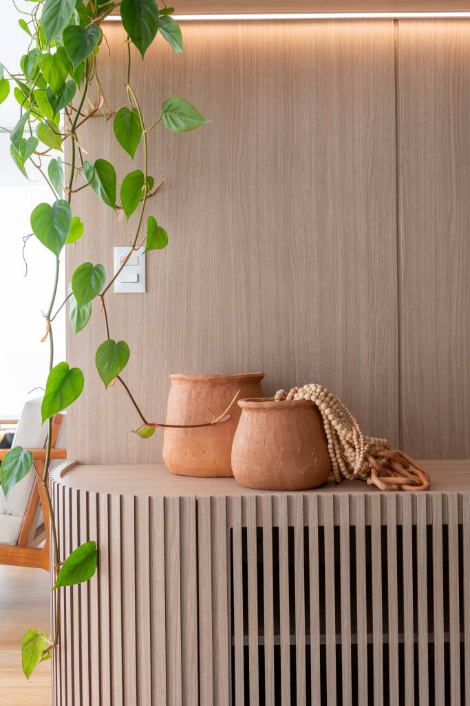 Apartamento de 72 m² traz soluções sustentáveis e sofá extensível. Projeto de MIS Arquitetura. Na foto, rack ripado, planta suspensa.