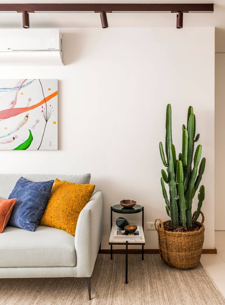 Porta camarão em muxarabi revela cozinha com marcenaria verde em apartamento. Projeto de Vivi Cirello. Na foto, sala de estar, cacto, almofadas coloridas.