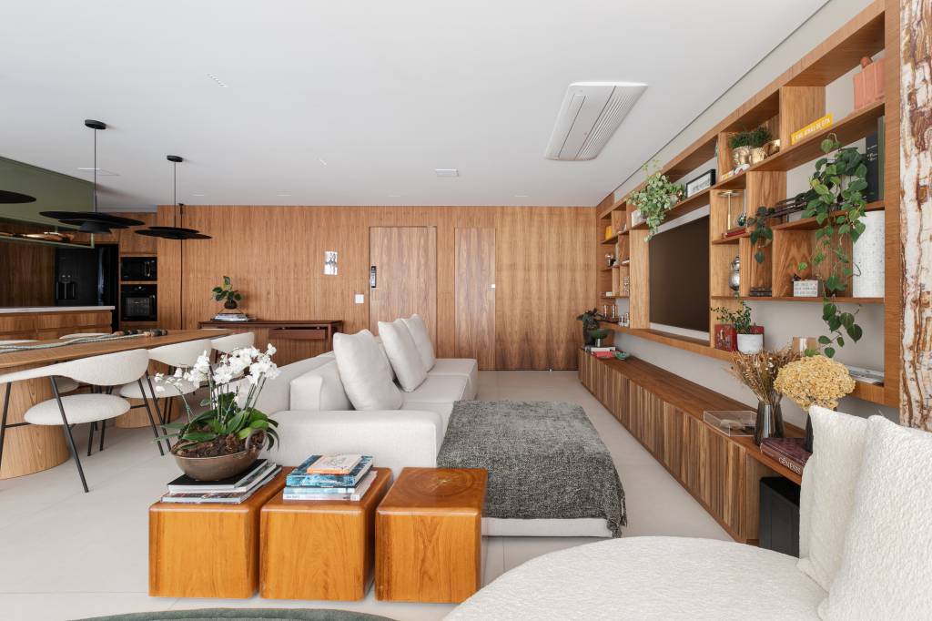 ape-de-143-m-tem-suite-com-escritorio-integrado_dois-pontos-arquitetura_ (17) Apê de 143 m² tem suíte com escritório integrado. Projeto Dois Pontos Arquitetura. Living com TV.