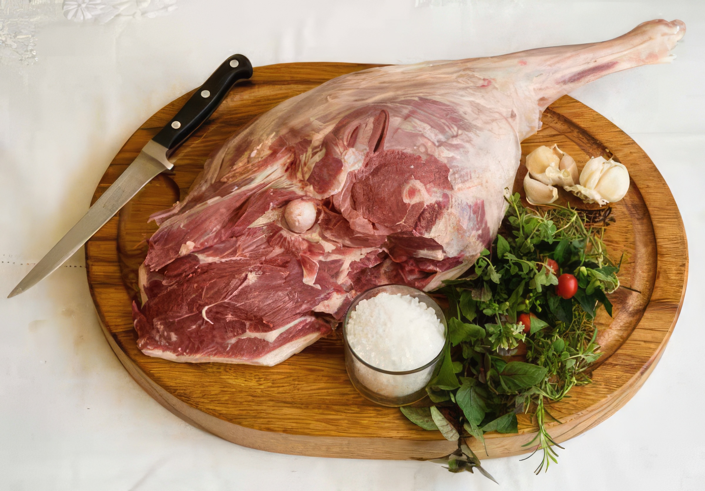 Imagem mostrando o pernil de cordeiro sendo grelhado na churrasqueira, cercado por temperos como alho, alecrim e pimenta. &Eacute; poss&iacute;vel ver a carne marcando os cortes feitos para o tempero e o fogo ativo, evidenciando o processo de assar o pernil de maneira suculenta e saborosa.