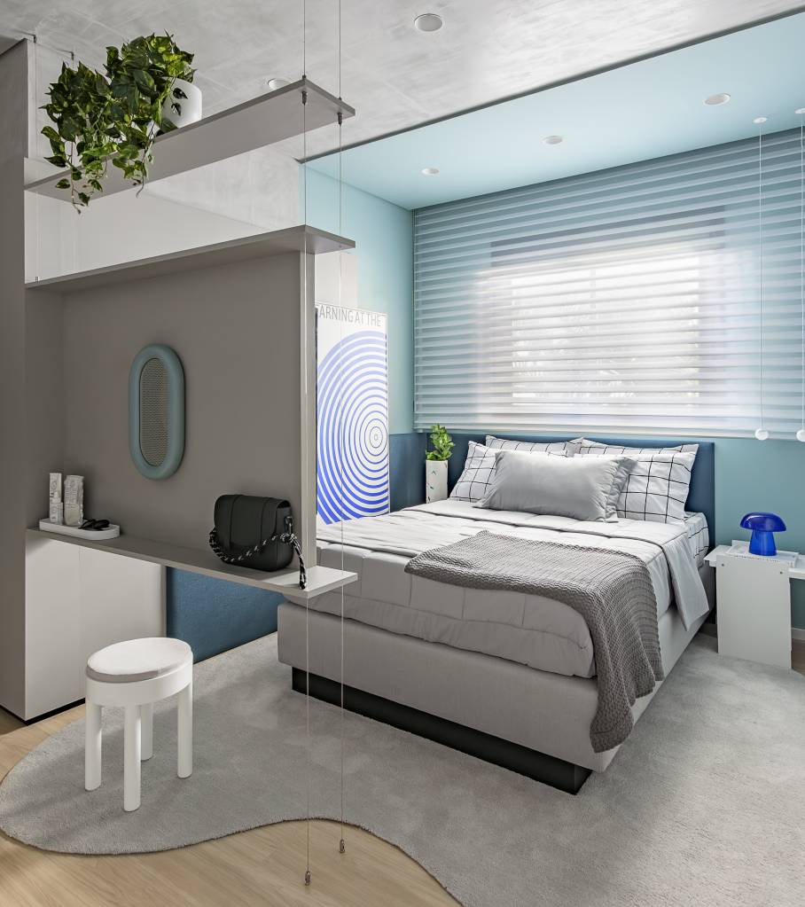 tudo-azul-tom-aparece-em-paredes-azulejos-e-arte-neste-ape-de-74-m-bohrer-arquitetos-19-quarto Tudo azul! Tom aparece em paredes, azulejos e arte neste apê de 74 m². Projeto de Bohrer Arquitetos.