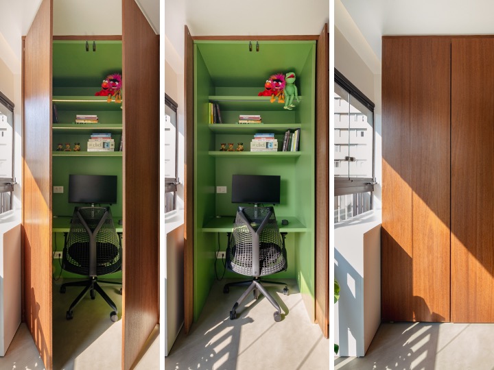 Apê pequeno tem home office verde e estiloso oculto na marcenaria. Projeto de COTA 760 Arquitetura.