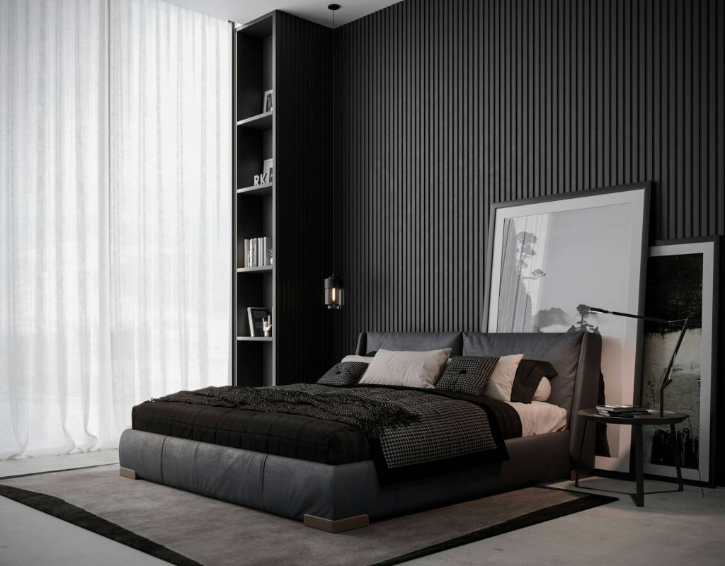 cama-de-inverno-6-dicas-para-deixar-seu-quarto-aconchegante-e-quentinho_1 Cama com base escura e roupa de cama escura sobre tapete cinza.