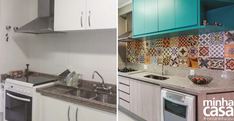 Cozinha colorida: antes e depois de uma reforma com marcenaria turquesa